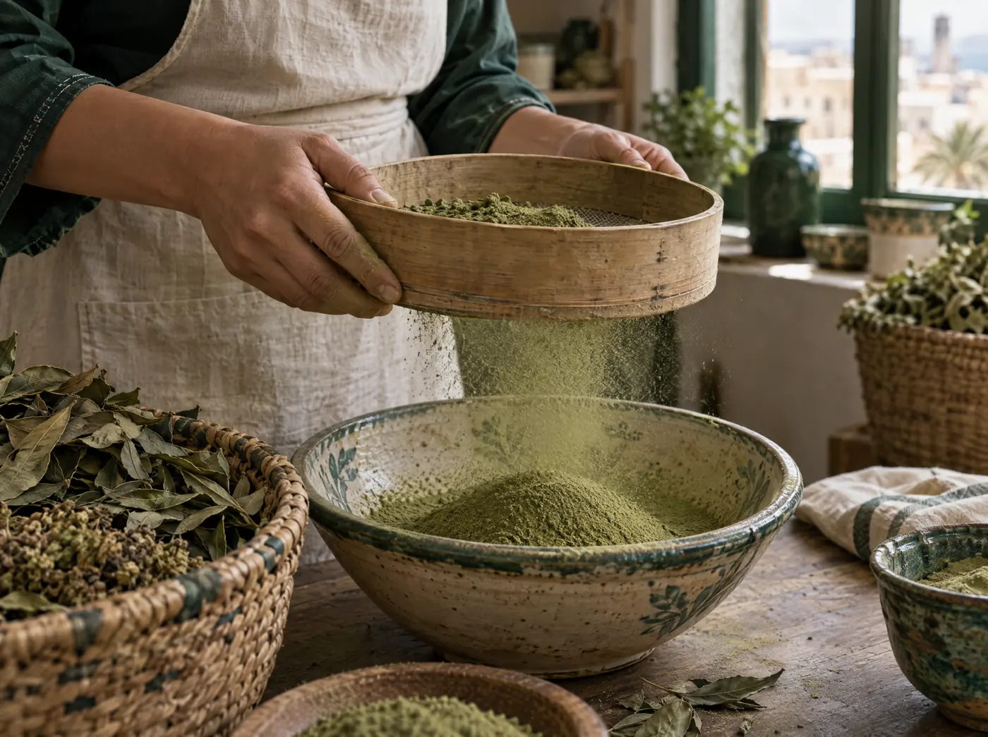 يدان تنخلان مسحوقاً عشبياً أخضر فوق وعاء فخاري